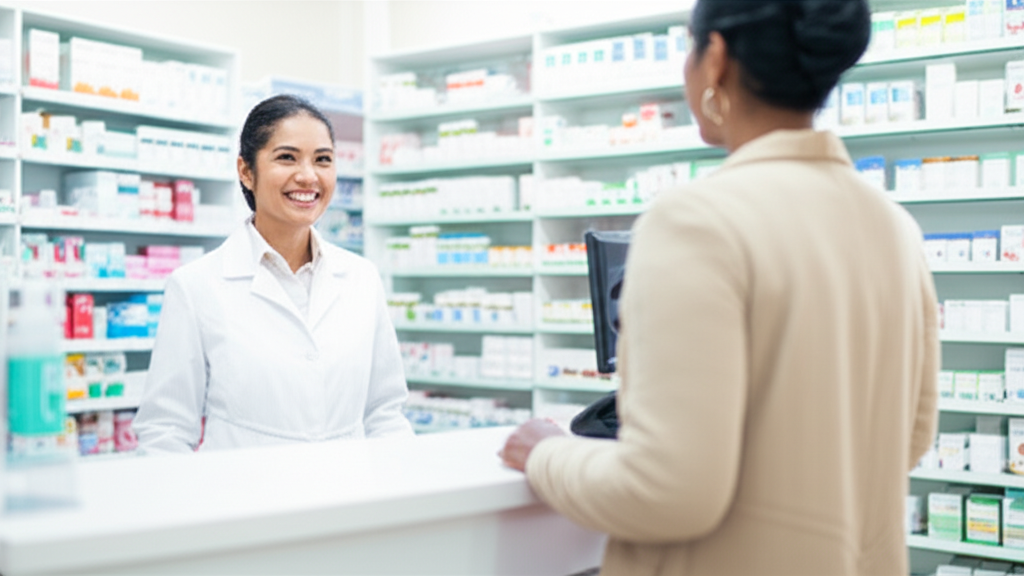 Cheerful pharmacist providing consultation