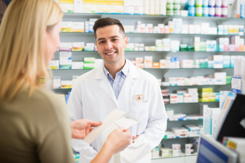 English pharmacist helping a customer